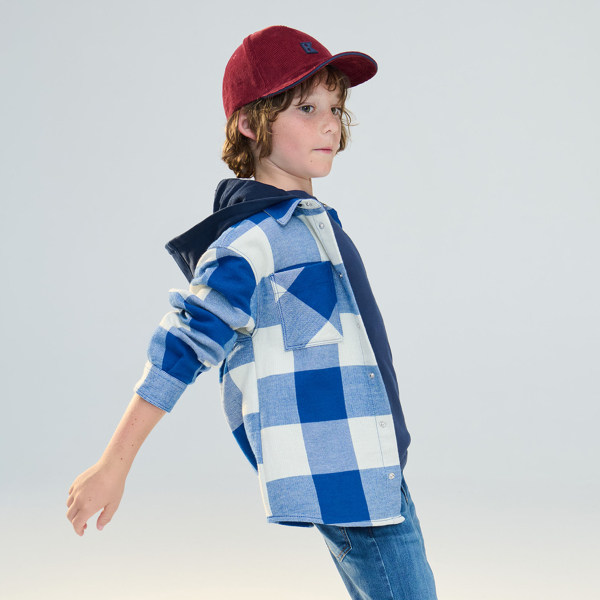 قميص خارجي مربعات بغطاء رأس قابل للإزالة باللون الأزرق للأولاد